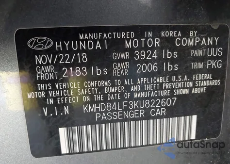 2019 Hyundai Elantra Sel z USA, uszkodzony, nr VIN KMHD84LF3KU822607